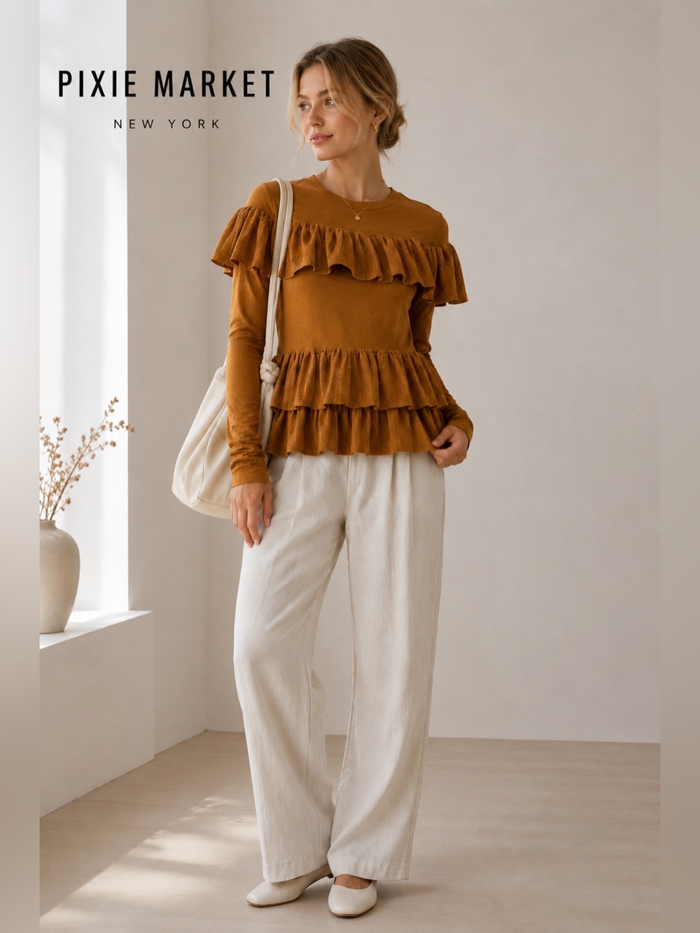 Pixie Market Mustard Ruffle Knit Sweater S Top Long Sleeve avant garde Artsy B2